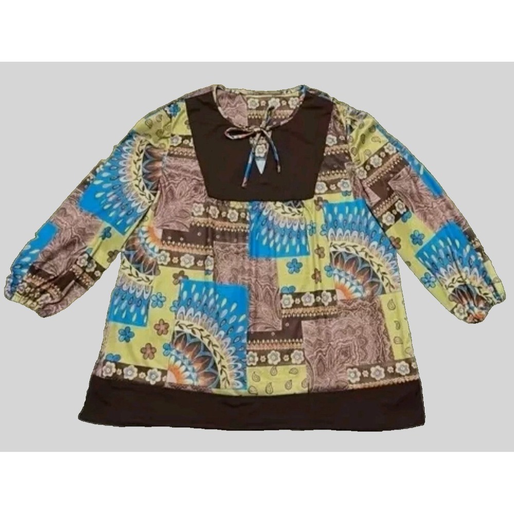 Patchwork Print Tunic Top Blouse Brown Blue Green Long Sleeve Bohemian Style